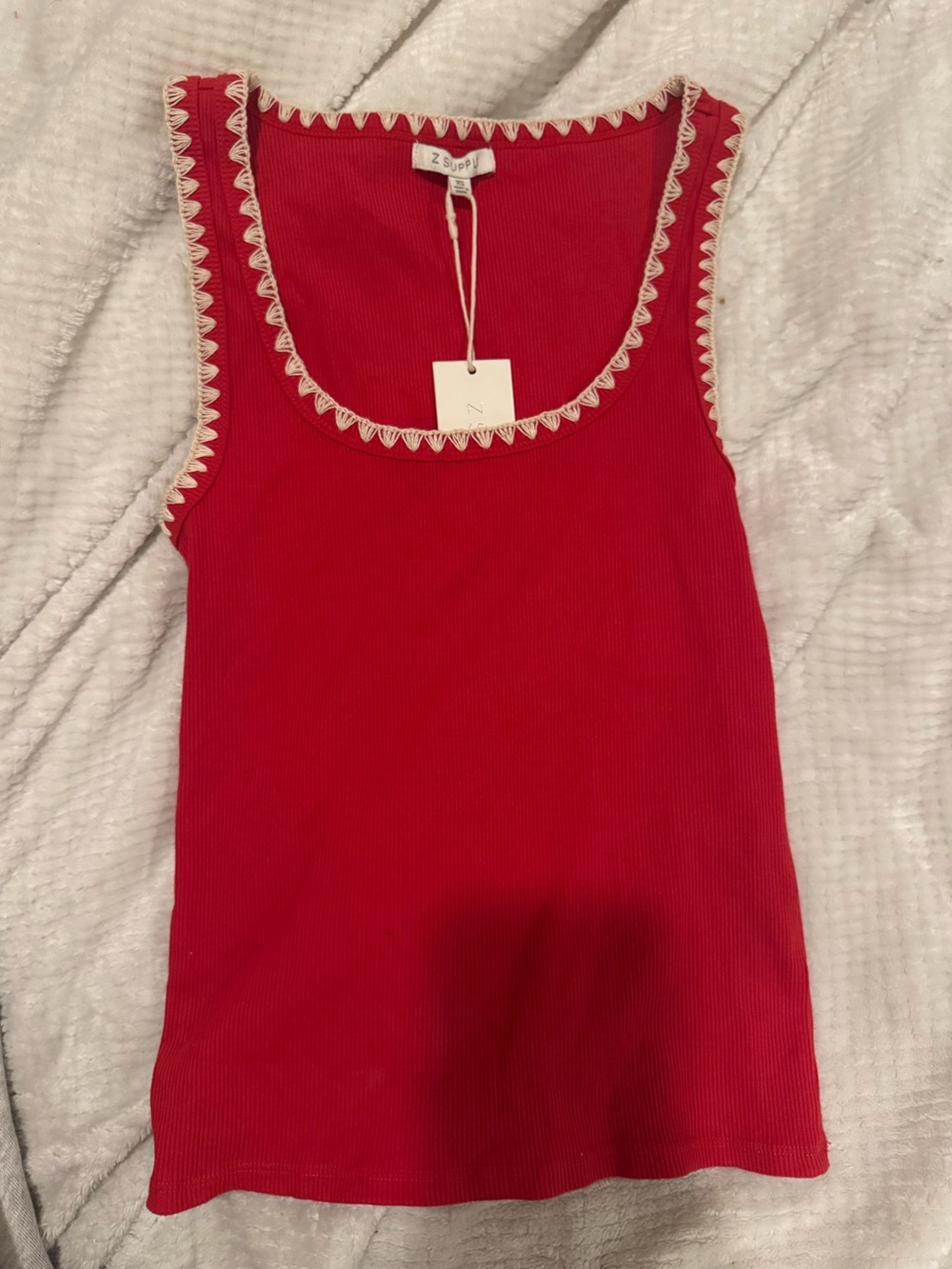 Z Supply Red Ribbed Tank with Cream Scallop Trim